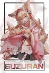  1girl absurdres animal animal_ears apron arknights blonde_hair character_name chinese_commentary coin_purse commentary_request fang fox fox_ears fox_girl fox_tail frilled_apron frills green_eyes hairband highres holding holding_animal japanese_clothes kimono kitsune kyuubi long_hair long_sleeves looking_at_viewer mido_(mido_chen) multiple_tails official_alternate_costume open_mouth pink_kimono red_hairband suzuran_(arknights) suzuran_(yukibare)_(arknights) tail waist_apron white_apron wide_sleeves zoom_layer 