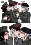  3girls ala20071009 black_hair blue_eyes blush closed_eyes closed_mouth commentary eyepatch grey_hat grey_jacket hair_bun hat highres jacket kiss korean_people's_army long_hair military_dress_uniform military_fatigues military_hat military_uniform multiple_girls north_korean_flag original people's_liberation_army personification red_eyes republic_of_korea_army short_hair simple_background south_korean_flag soviet_flag tongue tongue_out untranslatable_commentary white_background white_hair yuri 