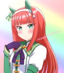  1girl animal_ears black_bow black_gloves blunt_bangs blush bow closed_mouth ear_covers gloves green_eyes green_sailor_collar green_sleeves hairband hime_cut horse_ears horse_girl long_hair long_sleeves orange_hair sailor_collar silence_suzuka_(innocent_silence)_(umamusume) silence_suzuka_(umamusume) smile solo tofu_thunder umamusume upper_body white_hairband 