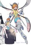 1boy 1girl absurdres blue_eyes boots commentary eating elbow_gloves fairy fairy_wings gallica_(metaphor:_refantazio) gloves hairband highres looking_at_viewer metal_hairband metaphor:_refantazio mini_person minigirl multiple_costumes multiple_views orange_hair pointy_ears protagonist_(metaphor:_refantazio) short_hair smile solo_focus teketeke_(tasutekete) thigh_boots wings 