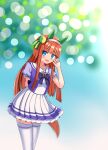  1girl absurdres animal_ears blue_eyes blunt_bangs blush bow bowtie breasts ear_covers hair_ornament hairband highres hime_cut horse_ears horse_girl horse_tail long_hair looking_at_viewer open_mouth orange_hair orange_tail pleated_skirt puffy_short_sleeves puffy_sleeves purple_bow purple_bowtie purple_shirt sailor_collar sailor_shirt school_uniform shirt short_sleeves silence_suzuka_(umamusume) skirt small_breasts smile solo summer_uniform tail thighhighs tofu_thunder tracen_school_uniform umamusume white_hairband white_sailor_collar white_skirt white_thighhighs 