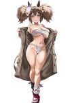  1girl animal_ears asymmetrical_legwear black_socks blush bow breasts brown_coat brown_hair chest_sarashi cleavage coat collarbone commentary fang fox_mask full_body fundoshi fuwamozzi green_eyes hair_between_eyes hair_bow highres horse_ears horse_girl inari_one_(umamusume) japanese_clothes large_breasts long_hair looking_at_viewer mask mask_on_head mismatched_legwear navel open_mouth opened_by_self sandals sarashi shortstack simple_background skin_fang skindentation smile socks solo standing stomach thighs twintails umamusume untranslatable_commentary white_background white_socks yellow_bow 