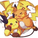  >_< :3 blush closed_eyes closed_mouth commentary dietranch fang heart highres mega_pokemon mega_raichu_x mega_raichu_y multiple_tails no_humans open_mouth orange_fur pokemon pokemon_(creature) pokemon_focus raichu smile tail untranslatable_commentary very_long_ears yellow_fur 