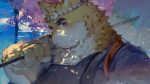  1boy animal_ears bara blush cherry_blossoms commentary dog_boy dog_ears furry furry_male highres kurotero looking_at_viewer male_focus musashi_(tamacolle) nejiri_hachimaki sweatdrop tamacolle untranslatable_commentary yellow_fur 
