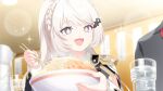  +_+ 1boy 1girl artist_request bean_sprout black_shirt blonde_hair bowl braid close-up commander_(girls_garden) crown_braid cup dorothea_kirkland drinking_glass food game_asset hair_ornament holding holding_bowl indoors jirou_(ramen) long_hair muv-luv muv-luv_girls_garden noodles official_art open_mouth pitcher_(container) purple_eyes ramen shirt solo_focus sparkle third-party_source upper_body 