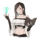  1girl bare_shoulders black_choker black_gloves black_hair book breasts chest_harness choker crop_top cropped_torso detached_sleeves earrings elbow_gloves final_fantasy final_fantasy_vii final_fantasy_vii_remake final_fantasy_vii_revelation fingerless_gloves fuwari_pic gloves harness highres holding holding_book jewelry large_breasts magic midriff navel official_alternate_costume red_eyes shirt sketch solo tifa_lockhart tifa_lockhart_(black_mage) white_background white_shirt white_sleeves 