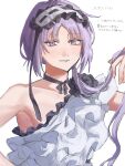  1boy arm_up armpits black_choker chiz_05 choker commentary_request fate/grand_order fate_(series) frills genderswap genderswap_(ftm) hair_lift headdress highres looking_at_another looking_at_viewer male_focus purple_eyes purple_hair single_bare_arm single_bare_shoulder slit_pupils smile solo stheno_(fate) toga upper_body 