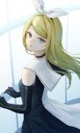  1girl absurdres alternate_hairstyle aqua_eyes black_choker black_dress black_gloves black_hairband black_sleeves blonde_hair choker commentary_request dress gloves hair_ornament hair_ribbon hairband hairclip highres hisui_ame kagamine_rin long_hair open_mouth ribbon roshin_yuukai_(vocaloid) solo vocaloid white_ribbon 
