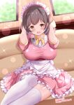  1girl :d apron arms_up black_hair blush breasts brown_eyes commentary_request couch dated frilled_apron frills happy_birthday highres indoors large_breasts long_hair maid maid_apron maid_headdress ongeki open_mouth pink_hair sakurai_haruna_(ongeki) sidelocks sitting smile solo thighhighs white_thighhighs xenon_(for_achieve) 