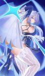  1girl absurdres armpits arms_up blue_background blue_dress breasts closed_mouth commentary_request dress earrings folding_fan from_side grey_hair hair_intakes hair_over_one_eye hand_fan highres holding holding_fan holding_weapon jewelry kinokoneko large_breasts long_hair looking_at_viewer purple_eyes sideboob solo thick_thighs thighhighs thighs velina_airgid weapon white_thighhighs zenless_zone_zero 