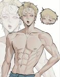  1boy abs blonde_hair chibi chibi_inset collarbone commentary earrings face_piercing gaebogchi08 hand_on_own_hip highres jewelry lip_piercing lip_ring lips male_focus mole mole_on_cheek nipples original pants pectorals piercing short_hair solo toned toned_male topless_male untranslatable_commentary upper_body white_background zoom_layer 