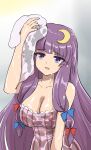  1girl blue_bow bow breasts cleavage commentary dress hair_bow highres holding holding_towel large_breasts long_hair missing_headwear multiple_hair_bows namiki_(remiter00) open_mouth patchouli_knowledge purple_eyes purple_hair red_bow solo strapless strapless_dress striped_clothes striped_dress touhou towel vertical-striped_clothes vertical-striped_dress wet wet_clothes wet_dress 