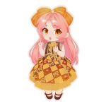  1girl absurdres argyle_clothes argyle_skirt artist_request black_shirt blouse bow brown_bow brown_eyes brown_shoes chibi chinese_commentary commentary_request commission eyelashes floral_rebirth_(infinity_nikki) food food_print footwear_bow frilled_shirt_collar frills fruit fruit_print hair_bow hair_ornament highres infinity_nikki large_bow light_blush long_hair mary_janes medium_skirt nikki_(nikki) nikki_(series) open_mouth orange_bow orange_skirt pantyhose persimmon pink_hair pleated_skirt pointing pointing_up print_skirt second-party_source shirt shoes simple_background skirt sleeveless sleeveless_shirt smile solo standing striped_bow teeth upper_teeth_only very_long_hair white_background white_pantyhose zoom_layer 