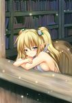  blonde_hair blue_eyes blush book bookshelf breast_press breasts elf flower hair_flower hair_ornament highres hoshizuki_(seigetsu) long_hair looking_at_viewer medium_breasts original pointy_ears smile solo twintails 