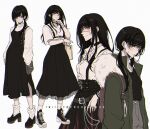  2girls artist_name bag belt black_eyes black_shirt black_shoes chainsaw_man criis-chan dress_shirt fur_trim green_jacket grey_pants hair_over_shoulder hand_on_own_chin jacket light_blush long_skirt looking_at_viewer mitaka_asa multiple_girls open_clothes open_jacket orange_eyes pants ringed_eyes scar scar_on_cheek scar_on_face scar_on_nose school_bag shirt shoes shoulder_bag sidelocks skirt twintails watermark white_background white_shirt yoru_(chainsaw_man) 