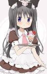 1girl akemi_homura apron black_bow black_hair blue_eyes blush bow brown_dress commentary_request dress frilled_apron frilled_dress frills hair_bow highres hitode kuromi long_hair looking_at_viewer mahou_shoujo_madoka_magica mahou_shoujo_madoka_magica_(anime) maid maid_headdress my_melody_(series) necktie parted_lips pink_background pink_necktie sanrio short_sleeves solo white_apron 