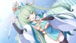  1girl arm_up artist_request blue_dress blue_hat breasts bridal_gauntlets brown_thighhighs cowboy_shot dress dutch_angle game_asset gold_trim green_hair hair_ornament harriet_mills hat holding holding_wand large_breasts long_hair multicolored_dress multicolored_hat muv-luv muv-luv_girls_garden official_art open_mouth solo sparkle thighhighs third-party_source two_side_up underboob very_long_hair wand white_dress white_hat yellow_eyes 
