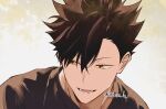  1boy black_hair black_shirt brown_eyes chun_lz commentary haikyuu!! hair_between_eyes kuroo_tetsurou looking_to_the_side lower_teeth_only male_focus open_mouth shirt short_hair short_sideburns sideburns sideways_glance slit_pupils solo spiked_hair teeth twitter_username untranslatable_commentary upper_body 