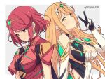  2girls artist_name black_gloves blonde_hair border breasts cleavage closed_mouth commentary core_crystal_(xenoblade) earrings elbow_gloves fingerless_gloves gloves grey_background hand_on_own_chest hand_up highres jewelry long_hair looking_at_viewer medium_breasts mochimochi_(xseynao) multiple_girls mythra_(xenoblade) pyra_(xenoblade) red_eyes red_hair short_hair smile swept_bangs twitter_username upper_body v white_border white_gloves xenoblade_chronicles_(series) xenoblade_chronicles_2 