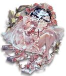  1girl absurdres arcaea barefoot bridal_veil commentary flower highres hikari_(arcaea) hikari_(zero)_(arcaea) long_hair long_sleeves neckerchief plant pleated_skirt red_eyes red_flower red_neckerchief red_rose rei_rigel rose sailor_collar school_uniform serafuku shirt skirt solo thorns veil vines white_background white_hair white_sailor_collar white_serafuku white_shirt white_skirt 