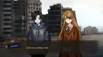  1boy 1girl black_hair blonde_hair blue_eyes blue_jacket bow closed_mouth commentary dress english_commentary enoch_(project_moon) green_bow green_ribbon hair_bow hands_in_pockets highres hood hood_down hooded_jacket jacket limbus_company lisa_(project_moon) lobotomy_corporation long_hair nai_ga_(style) neck_ribbon orange_dress parody parted_bangs project_moon ribbon smile style_parody very_long_hair wind_sandstars 
