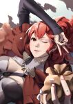  1girl ;) absurdres anna_(fire_emblem) anna_(fire_emblem_fates) blush breast_strap breasts cape cleavage cleavage_cutout clothing_cutout commentary_request fire_emblem fire_emblem_fates hair_between_eyes highres holding long_hair long_sleeves looking_at_viewer medium_breasts money_bag one_eye_closed parted_lips ponytail red_cape red_eyes red_hair shoko_(pixiv_74769700) smile solo tunic v 