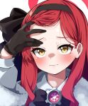  1girl black_gloves blue_archive blush bow bowtie coat collared_shirt datemegane forehead frown furrowed_brow gloves grey_coat hair_bow hairband halo hand_on_own_head hand_up highres long_hair long_sleeves looking_at_viewer red_hair shirt simple_background solo straight-on takane_(blue_archive) tearing_up upper_body white_background yellow_eyes 