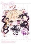  1girl absurdres ahoge artist_name black_bow black_dress black_ribbon black_shoes blonde_hair blunt_bangs blush_stickers bow chibi chibi_only commentary_request commission commissioner_name cursor double-parted_bangs dress drop_shadow frilled_dress frills full_body grid_background hair_between_eyes hair_bow hair_intakes hair_rings heart heart_ahoge heterochromia highres long_hair multicolored_hair neck_ribbon original outline parted_lips pink_outline pink_streaks red_eyes ribbon satou_uyu shoes short_sleeves signature solo sparkle standing streaked_hair thighhighs twintails twitter_username v-shaped_eyebrows white_background white_thighhighs yellow_eyes 