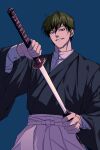  1boy absurdres closed_mouth commentary_request ear_piercing green_eyes green_hair highres holding holding_sword holding_weapon japanese_clothes jujutsu_kaisen male_focus piercing rladmswls000 short_hair solo sword weapon zen'in_naoya 