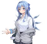  1girl alternate_costume amagi_(amagi626) bag bag_charm blue_bag blue_bow blue_eyes blue_hair blue_nails blush bow breasts cardigan charm_(object) cirno closed_mouth collared_shirt commentary_request contemporary detached_wings grey_cardigan hair_bow highres ice ice_wings large_breasts long_hair long_sleeves medium_breasts partially_unbuttoned pleated_skirt pokemon school_bag school_uniform scrunchie shirt simple_background skirt smile snom solo spheal textless_version touhou variant_set white_background white_shirt wings wrist_scrunchie 