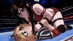  2girls absurdres black_eyes black_hair blonde_hair breasts closed_mouth commentary english_commentary freckles frown highres jessie_(veyonis) kadence_(veyonis) long_hair looking_at_another medium_breasts messy_hair multiple_girls original parted_lips short_hair veyonis wrestling wrestling_outfit wrestling_ring 