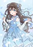  1girl bare_shoulders blue_background blue_dress blue_eyes blue_ribbon brown_hair commentary detached_sleeves dress hair_ornament highres long_hair looking_at_viewer love_live! love_live!_nijigasaki_high_school_idol_club osaka_shizuku ribbon solo songhuai untranslatable_commentary 
