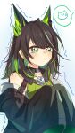  1girl :< absurdres arknights bare_shoulders black_hair black_jacket chinese_commentary closed_mouth colored_inner_hair commentary_request dress green_dress green_eyes green_hair highres hualing868 jacket long_hair long_sleeves mon3tr_(arknights) multicolored_hair simple_background sleeves_past_fingers sleeves_past_wrists solo speech_bubble tearing_up trembling upper_body white_background 