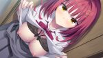  1girl black_bra blush bow bow_bra bowtie bra bra_lift breasts breasts_out closed_mouth clothes_lift collared_shirt dutch_angle eyelashes fingernails futamihara_ririko game_asset grey_skirt hair_ornament hairclip highres indoors lace-trimmed_bra lace_trim large_breasts limelight_lemonade_jam long_hair looking_at_viewer muririn nipples open_clothes open_shirt pleated_skirt purple_bow red_hair school_uniform shirt skirt solo sweat underwear white_shirt yellow_eyes 