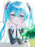  1girl aqua_eyes aqua_hair bare_shoulders commentary detached_sleeves flower_pot hatsune_miku kayan_n long_hair looking_at_viewer number_tattoo shoulder_tattoo sitting solo tattoo twintails very_long_hair vocaloid window 