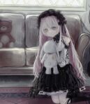  1girl black_hairband black_skirt commentary couch detached_sleeves grey_eyes hairband highres holding holding_stuffed_toy indoors kuzuri_(kz_re26) long_hair long_sleeves on_floor original pink_hair skirt solo stuffed_animal stuffed_rabbit stuffed_toy teddy_bear 