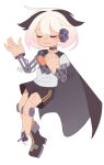  1girl ahoge android black_boots black_shorts black_streaks boots broken_leg cape cevio ci_flower closed_eyes commentary deformed ecoline flower_(vocaloid) gears grey_shirt hand_on_own_chest heart joints layered_shirt light_smile mechanical_arms midair multicolored_hair robot_joints shirt short_hair short_sleeves shorts solo spring_(object) streaked_hair torn_clothes torn_shirt vocaloid white_background white_hair wire 