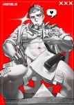  1boy abs absurdres akashi_(live_a_hero) bara blush calves card_in_mouth collared_shirt comedic_teardrop commentary_request convenient_censoring corded_phone dooyong_9n facial_hair groin heart highres holding holding_pen id_card lanyard large_pectorals live_a_hero male_focus mouth_hold muscular muscular_male navel open_clothes open_shirt paper partially_colored pectorals pen phone pixel_art_inset raised_eyebrow red_theme scar scar_on_face scar_on_nose shiny_skin shirt solo sparkle spiked_hair spoken_heart sticky_note striped_blush thick_eyebrows thick_thighs thighs twitter_username 