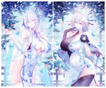  2girls absurdres artist_name asymmetrical_gloves bare_shoulders black_gloves blue_dress breasts butterfly_hair_ornament check_copyright china_dress chinese_clothes closed_mouth commentary_request copyright_request covered_navel dress elbow_gloves fingernails gloves grey_eyes hair_intakes hair_ornament heterochromia highres jianshu large_breasts long_hair looking_at_viewer multiple_girls original panties parted_lips side-tie_panties single_elbow_glove smile thighs underwear uneven_gloves white_hair yellow_eyes 
