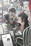  1boy 4girls above-cleavage_cutout ailiailiai_7th animal_ears arknights arknights:_endfield arm_up armor bare_shoulders bird_ears bird_girl black_coat black_fur black_hair black_pantyhose blindfold_mask blue_eyes blue_gloves blue_jacket bowl breasts cellphone chen_qianyu_(arknights) chinese_commentary chopsticks claws clothing_cutout coat commentary da_pan_(arknights) dragon_girl dragon_horns dress eastern_dragon_horns endministrator_(arknights) female_endministrator_(arknights) food furry furry_male gloves green_eyes green_hair green_pants grey_hair halter_dress halterneck highres holding holding_bowl holding_chopsticks holding_phone hood hood_down hooded_coat horns hotpot jacket large_breasts long_hair looking_at_viewer looking_back mandarin_collar mask meat medium_breasts multicolored_hair multiple_girls off_shoulder open_clothes open_coat open_jacket out_of_frame panda_boy pankou pants pantyhose pauldrons perlica_(arknights) phone pointy_ears pov pov_hands quilted_jacket red_horns red_streaks ribbed_sweater short_hair shoulder_armor single_pauldron sleeveless sleeveless_dress smartphone streaked_hair sweater waving white_sweater zhuang_fangyi_(arknights) 