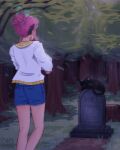  1girl absurdres alternate_hair_length_(shorter) alternate_hairstyle alternate_universe aubrey_(faraway)_(omori) aubrey_(omori) black_cat blue_ribbon blue_skirt cat commentary denim denim_skirt english_commentary from_behind hair_bun hair_ribbon highres jacket omori otomerson outdoors rain ribbon short-sleeved_jacket short_hair short_sleeves sidelocks skirt solo tombstone tree tree_stump white_jacket 