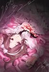  1girl bow cake commentary dated dress ebizuka_tomo fanyaan food fork girls_band_cry grey_hair hair_bow hairband highres long_sleeves lying on_back pink_eyes short_hair solo white_bow white_dress white_hairband 