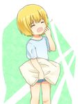  armin_arlert blonde_hair blush closed_eyes holding holding_pillow male_focus moxue_qianxi pillow shingeki_no_kyojin sleepy solo tears wavy_mouth yawning younger 