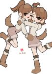  2girls absurdres animal_ears birthday_cake boots brown_boots brown_eyes brown_hair brown_overalls cake commentary dated dog_ears dog_tail food full_body futami_ami futami_mami highres hood hood_down hoodie hug idolmaster idolmaster_(classic) idolmaster_million_live! idolmaster_million_live!_theater_days leg_up looking_at_viewer multiple_girls official_alternate_costume one_eye_closed overalls short_hair siblings side_ponytail simple_background sisters soayo standing standing_on_one_leg tail twins untranslatable_commentary wanwan_wonderful_(idolmaster) white_background white_hoodie 