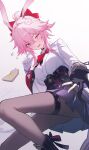  1girl absurdres animal_ears asymmetrical_gloves black_gloves black_pantyhose bow bowtie breasts chinese_commentary commentary_request evanescia_(honkai:_star_rail) flower fox_ears fox_girl gloves hair_flower hair_ornament highres honkai:_star_rail honkai_(series) looking_at_viewer medium_breasts mismatched_gloves one_eye_closed outstretched_arm pantyhose partially_fingerless_gloves pink_hair purple_eyes reaching reaching_towards_viewer red_bow red_bowtie revision shali shirt short_hair_with_long_locks simple_background solo white_gloves white_shirt 