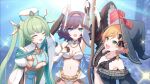 3girls arm_up armor artist_request bikini_armor black_bow black_dress black_hat blue_dress blue_eyes blue_hat bow braid breasts cleavage closed_eyes dress fingerless_gloves game_asset gloves gold_hairband green_eyes hair_bow hair_ornament hairband harriet_mills hat hat_bow holding holding_staff jewelry kate_fournier long_hair medium_hair miriam_hayward multicolored_dress multicolored_hat multiple_girls muv-luv muv-luv_girls_garden navel necklace official_art open_mouth orange_hair purple_hair red_bow side_braid single_braid smile sparkle staff star_(symbol) star_necklace third-party_source two_side_up underboob very_long_hair white_armor white_dress white_hat witch_hat 