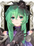  1girl armor bare_shoulders black_gloves blush bow breasts cleavage closed_mouth commentary_request crossed_bangs dress ell_0314 eyeshadow fascinator fire_emblem fire_emblem:_fortune's_weave gloves green_eyes green_hair hair_between_eyes hat hat_bow highres interlocked_fingers looking_at_viewer makeup medium_breasts mini_hat ninae_(fire_emblem) own_hands_clasped own_hands_together purple_eyeshadow short_hair_with_long_locks shoulder_armor smile solo upper_body 