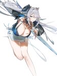  1girl blue_shirt breasts commentary english_commentary esnowg grey_hair grey_skirt highres holding holding_weapon huge_breasts leaning_forward leg_up long_hair mole mole_under_mouth official_alternate_costume open_mouth pointy_ears purple_eyes shirt skirt solo velina_airgid velina_airgid_(shade_of_leisure) weapon white_background zenless_zone_zero 