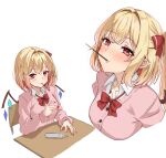  1girl alternate_costume amagi_(amagi626) blonde_hair blush bow bowtie breasts cardigan chair collared_shirt commentary_request contemporary desk flandre_scarlet food food_in_mouth hair_bow highres looking_at_viewer loose_bowtie medium_breasts multiple_views pink_cardigan pocky pocky_in_mouth red_bow red_bowtie red_eyes red_nails school_chair school_desk school_uniform shirt simple_background smile textless_version touhou white_background white_shirt 