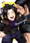  2boys angeal_hewley animal_ear_fluff animal_ears armor beard belt black_hair black_pants black_shirt blush border brown_gloves cheekbones clenched_hand closed_eyes crisis_core:_final_fantasy_vii dog_boy dog_ears dog_tail facial_hair final_fantasy final_fantasy_vii gloves hand_in_another's_hair kemonomimi_mode male_focus multiple_belts multiple_boys open_mouth pants parted_bangs pauldrons purple_pants purple_shirt ribbed_shirt shakunage1 shirt short_hair shoulder_armor sideburns sleeveless sleeveless_shirt smile suspenders sweatdrop tail twitter_username upper_body white_border yellow_background zack_fair 